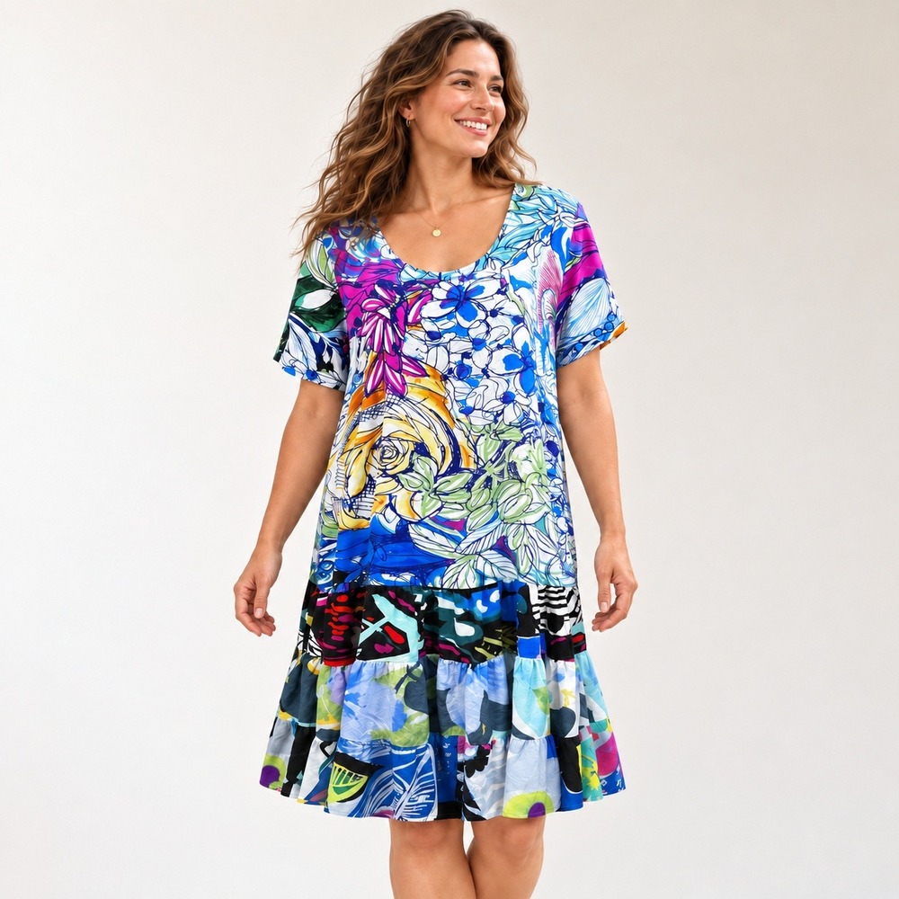 Jams World Grandiflora Dress XL Floral Patchwork Tiered Short Sleeve Resort
